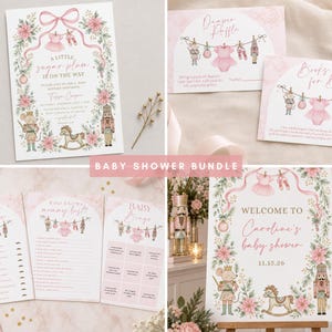 May include: A baby shower bundle featuring printed cards with a Nutcracker theme, including a welcome sign, invitation, diaper raffle, books for baby, and game cards. The designs feature pink ribbons, ballet slippers, a tutu, and mice.