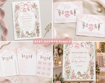Pink Nutcracker Ballet Baby Shower Bundle Invitation bundle Winter Tutu, Invite Christmas Welcome sign decor, Little Sugar Plum books diaper