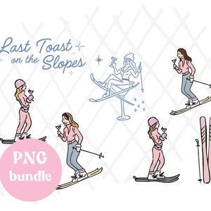 May include: Illustration featuring skiers enjoying cocktails on the slopes. The image includes multiple figures in pink and blue ski attire, holding martini glasses. Text reads "Last Toast on the Slopes" and "PNG bundle".