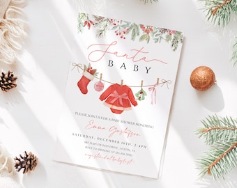 Santa Baby Shower Invitation, Girls Winter Christmas Holiday Baby Sprinkle Invite, Merry Little Baby Shower,  Clothesline Dress pink red