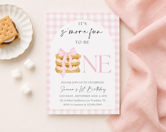 Girl S'mores Birthday Invitation Bonfire Birthday Invite, Smore Fun to be One Pink Backyard Camping Party Fall Camp Campfire 1st First