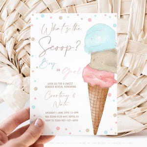 Faire-part révéler le sexe de la boule, cornet de glace bleu rose, invitation à une fête d'été de lui ou elle bébé garçon ou fille, saupoudrer de neutre