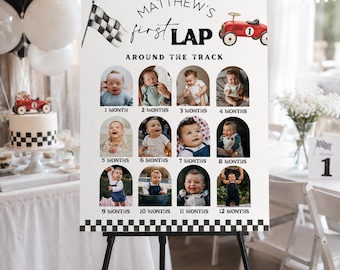 First lap around the track Milestone Sign, Birthday Poster decor, Red Race Car 1st Racing Vintage Racecar, Fast one Monthly photos pictures