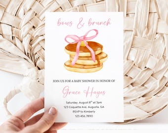 Bows and Brunch Baby Shower Invitation, Pancakes baby girl sprinkle breakfast foods Summer Party Invite neutral sweet little one on way