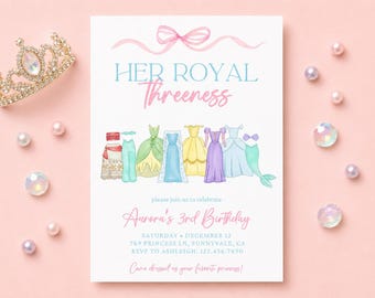 Her royal threeness Watercolor Princess Birthday Invitation, 3rd Royal Pink Dress up Party Invite Instant Tiara Crowns Dresses three-ness