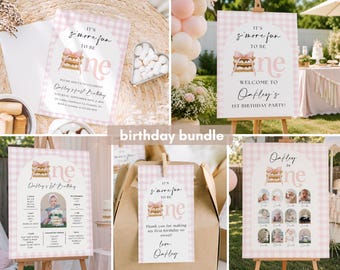 Girl S'mores Birthday Birthday Bundle, Smore Fun to be One Invitation Pink Backyard Camping Party Fall Camp Campfire 1st First Welcome decor