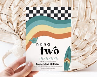 Hang Two, Totally Twobular Editable Surf 2nd Birthday Invitation for Boy Template | TWO-bular Second Bday Two Rad Invite Surfing Retro Shaka