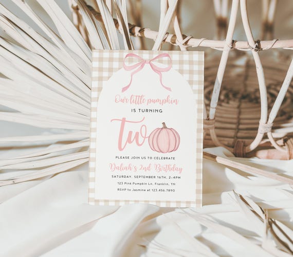 Pink Bow Our little pumpkin Invite, Our little pumpkin is turning two, fall first birthday girl, gingham autumn 2nd party invitation 2