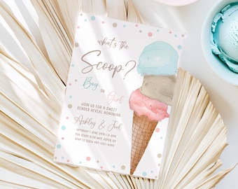 May include: A gender reveal invitation card with the text "What's the Scoop? Boy or Girl". The card features a watercolor illustration of an ice cream cone with three scoops. Pastel colors and polka dots decorate the card.