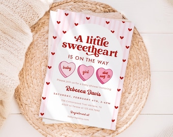 A Little Sweetheart Baby Shower Invitation, Valentine's Invitation in love, Heart Baby Shower Invite girl pink clothes conversation hearts