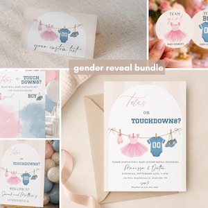 Op de afbeelding: Een gender reveal feestartikelen set met het thema Tutus or Touchdowns. De ontwerpen bevatten illustraties van een roze tutu en een blauw babyshirt aan een waslijn, met aanpasbare tekst voor uitnodigingen, borden en ronde stickers.