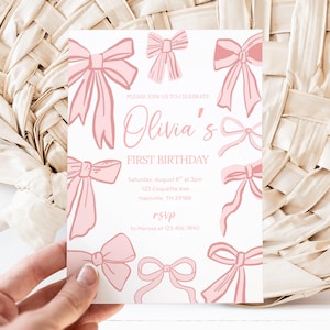 Bow First Birthday Invitation, Girls Just wanna be one 1st Birthday Invite, Berry First Birthday, 1st Birthday Girl Pink Coquette one year