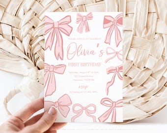 Bow First Birthday Invitation, Girls Just wanna be one 1st Birthday Invite, Berry First Birthday, 1st Birthday Girl Pink Coquette one year