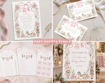 Pink Nutcracker Ballet Baby Shower Bundle Invitation bundle Winter Tutu, Invite Christmas Welcome sign decor, Little Sugar Plum books diaper