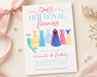 Her royal fiveness Watercolor Princess Birthday Invitation, 5th Royal Dress up Party Invite Instant Tiara Dresses Costume five-ness highness