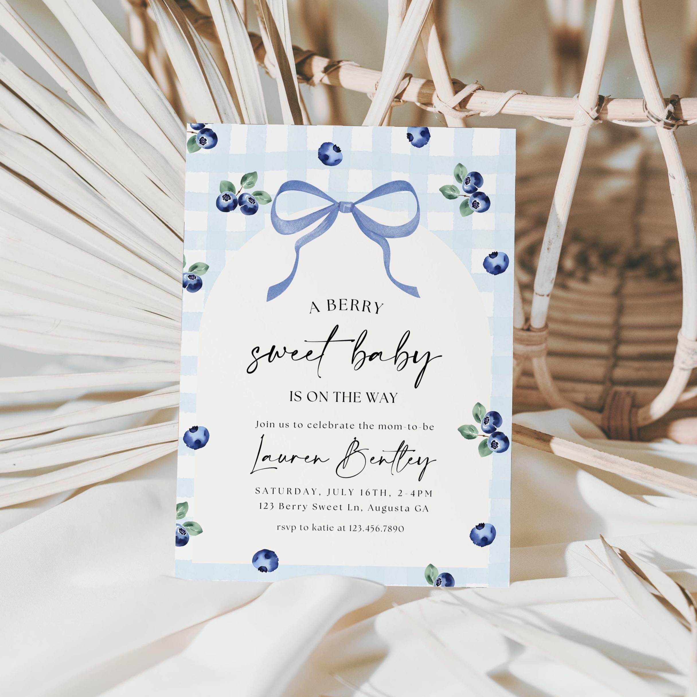Blueberry Baby Shower Invitation, A Sweet Berry Baby Shower Invite, Blueberry Berry Sweet Invitation, boy or girl summer blue Gingham party