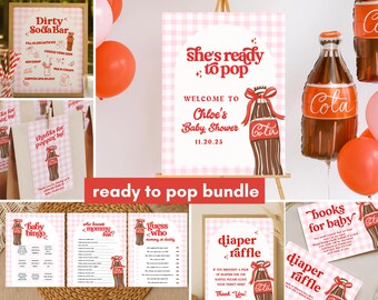 May include: A baby shower bundle with a retro soda theme. Includes signs, games, and decorations with a red and white color scheme. The text includes "Dirty Soda Bar", "She's Ready to Pop", and "Baby Shower".