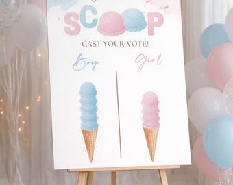 Cast your vote Whats The Scoop Gender Reveal sign, Pink Blue Icecream Cone Guests, Baby Boy Girl Shower, He She Ice Cream Summer decorations