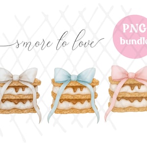 May include: A watercolour illustration of three s'mores, each with a bow. The s'mores feature graham crackers, marshmallow, and chocolate. The bows are white, blue, and pink. Text reads "smore to love" and "PNG bundle".