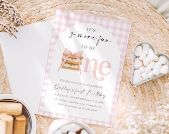 Girl S'mores Birthday Invitation Bonfire Birthday Invite, Smore Fun to be One Pink Backyard Camping Party Fall Camp Campfire 1st First
