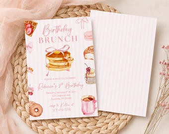Birthday Brunch Invitation, Girls Pancake and Pajamas Party Theme, pink bows brunch Stripe Pjs ladies brunch bubbly bubbles
