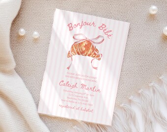 Bonjour Bebe Baby Shower Invite, French Shower Invitation Template Themed Hand Drawn Baby Paris Baby Shower cafe Eiffel Tower croissant