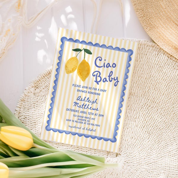 Ciao, Baby Lemon Baby Shower Invitation Template | Editable Hand Drawn Lemon Baby Shower Invite | Italian Citrus Baby Shower Invite Sprinkle