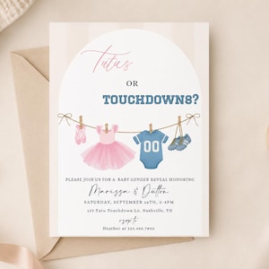 Puede incluir: Una tarjeta de invitación rectangular para revelación de género de bebé con el texto Tutus OR TOUCHDOWN? sobre una ilustración de un tutú rosa y zapatillas de ballet junto a una camiseta de fútbol azul y tacos en un tendedero con detalles.