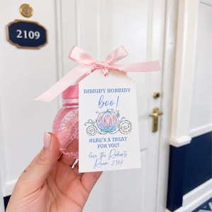 Puede incluir: Una pequeña botella de plástico transparente llena de líquido rosa, con una tapa rosa y una cinta de satén rosa claro. Incluye una etiqueta rectangular blanca con una ilustración de carroza de calabaza azul y el texto Bibbidy Bobbidy Boo!