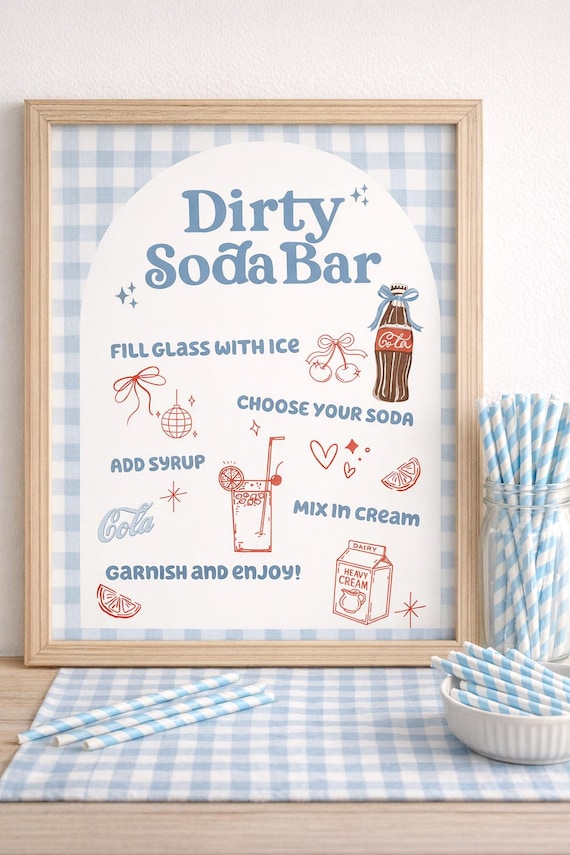 Dirty Soda Bar Sign, Boy She's Ready to Pop Baby Shower, Blue Party Instructions Directions Cola Bow Theme Party, Decor gingham