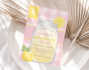 Lemonade Stand All ages Pink Lemonade Birthday Invitation, 1st First Invite, One sweet girl, Sweet one, 2nd 3rd 4th 5th Sunshine Fun Gingham