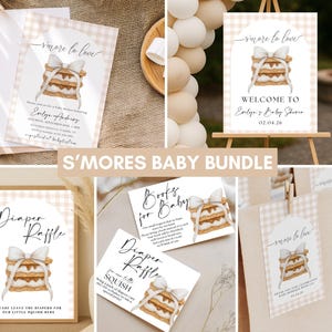 Könnte beinhalten: Eine Babyparty-Papeterie-Kollektion mit S'mores-Thema. Das Set enthält Einladungen, Willkommensschilder, Windel-Tombola-Karten und Gastgeschenkanhänger. Jeder Artikel zeigt eine Aquarellillustration eines S'more und ein Vichy-Muster.