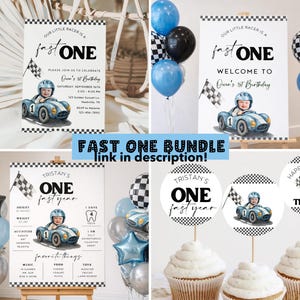 May include: A digital party decoration bundle featuring race car themes with checkered flags, blue vintage-style race cars, and text including Our Little Racer Is A Fast One, Welcome To Owen's 1st Birthday, and Tristan's One Fast Year.