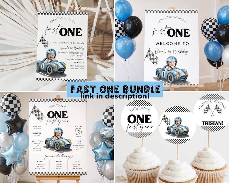May include: A digital party decoration bundle featuring race car themes with checkered flags, blue vintage-style race cars, and text including Our Little Racer Is A Fast One, Welcome To Owen's 1st Birthday, and Tristan's One Fast Year.