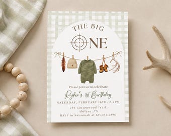 Oh deer first birthday invite, The Big one hunter 1st party invitation, boys hunting green, fall spring Winter Boy duck pheasant sight