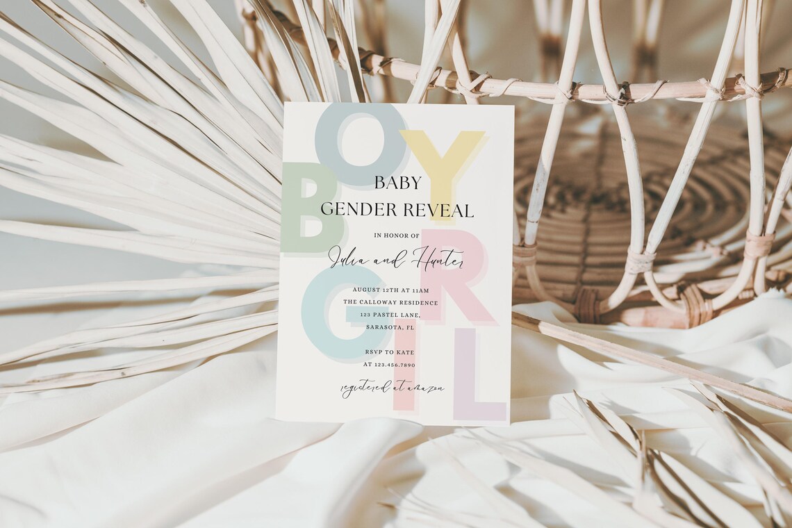 Boho Abcs Gender Reveal Invitation, Minimal Modern Baby Boy or Girl He ...