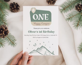 ONE happy camper invitation, boy 1st birthday party camping adventure, first national park invite one year old Blue Green Mountains S'more