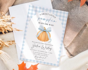 Jungen-Kürbis-Babyparty-Einladung Blaue Schleife Kürbis ist auf dem Weg Babyparty-Einladung Jungen-Fall-Kürbis kokett Sprinkle Herbst-Karo