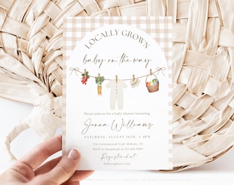 Locally Grown Baby Shower Invitation, Boho Farmers Market Invite, Homegrown, Girl Boy Gender Neutral Summer Veggies Gingham Instant Template