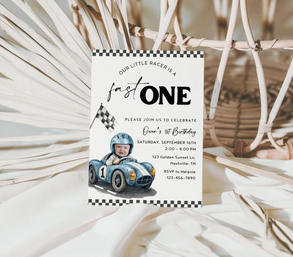 Fast ONE Birthday Invitation Race Car 1st Birthday Invite Racing Car Vintage Racecar Printable Template Instant Download Photo Picture Blue