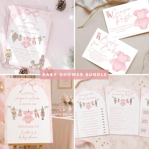 May include: A baby shower stationery bundle featuring a pink and white color palette with watercolor illustrations of a nutcracker, a mouse, ballet slippers, and a pink tutu hanging on a clothesline, with text including A Little Sugar Plum.