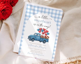 Blue Truck A Little Sweetheart Baby Shower Invitation, Valentine's Invitation in love, Heart Baby Shower Invite Boy gingham oh boy
