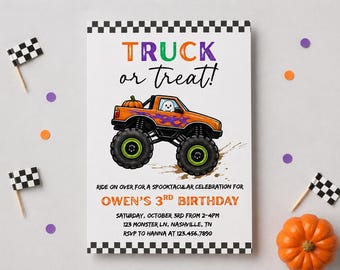 Halloween truck or treat birthday invite boys, download print, monster truck party spooktacular boo bash Spooky racing 2nd 3rd 4th 5th 6th
