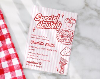 Special Delivery Pizza Baby Shower Invite, Pink Slice Slice Baby Shower Sprinkle Invitation, Pizza Italian Ciao Baby red gingham stripe Girl