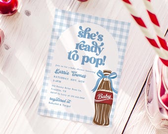 Dr Soda She's Ready to Pop Baby Shower Invite, Soda Pop Shoppe Theme Party Invitations, Gingham Plaid, Retro Vintage, Cola Boy blue bow