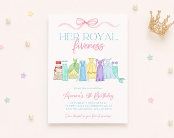 Her royal fiveness Watercolor Princess Birthday Invitation, 5th Royal Pink Dress up Party Invite Instant Tiara Dresses Costume five-ness