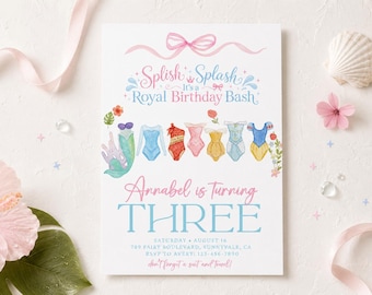 Princess Pool Party Birthday Invitation, Dress up Party, Girl Summer Invite with Tiara Crowns Dresses, Royal Splash Swimsuit, digital water