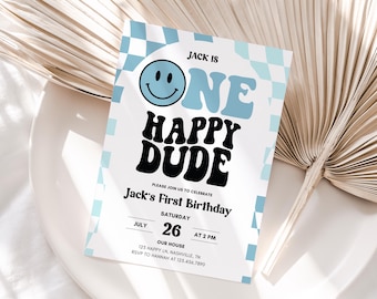 One Happy Dude Birthday Invitation Template, Printable Editable Retro One Happy Dude First 1st Checker Party Invite groovy cool blue smiley