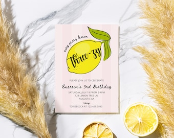 Sweet to be three, Easy Peasy Lemon Three-zy Invite, Pink Lemonade third Birthday Invitation, Girl 3rd Invite Template, summer party italian