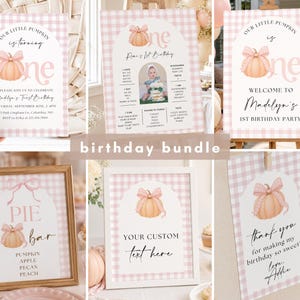 May include: A birthday party stationery bundle featuring a pink and white gingham pattern, arched frames, and watercolour pumpkin illustrations with pink bows. The set includes invitation, milestone, welcome, pie bar, custom, and thank you signs.